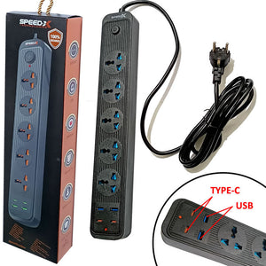 Speed-X Multi Power Plug Extension Board with 5 Sockets+ 2 USB Ports + 2 Type-C Port